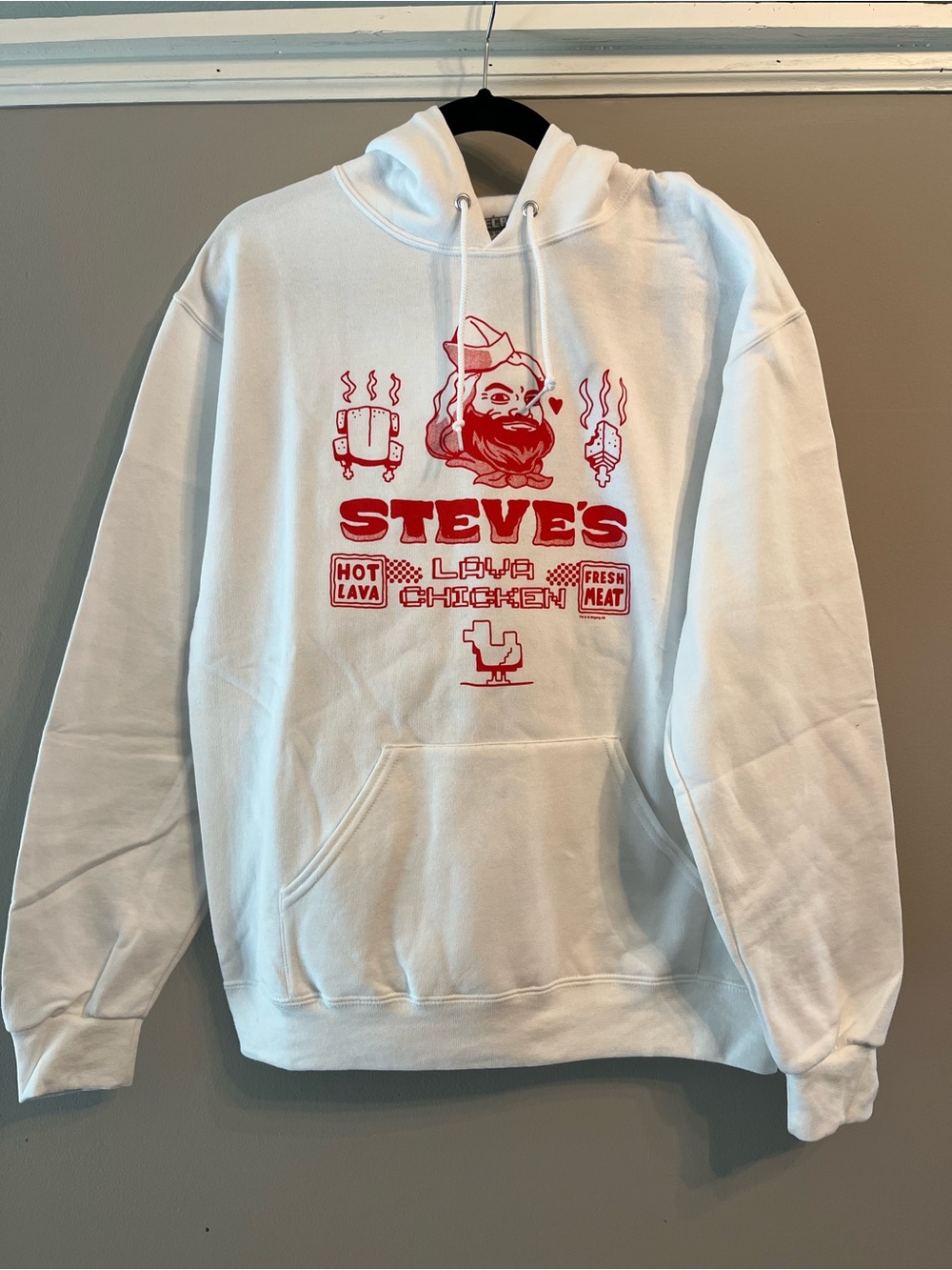 Minecraft Steve's White Hoodie with Red Graphic Logo